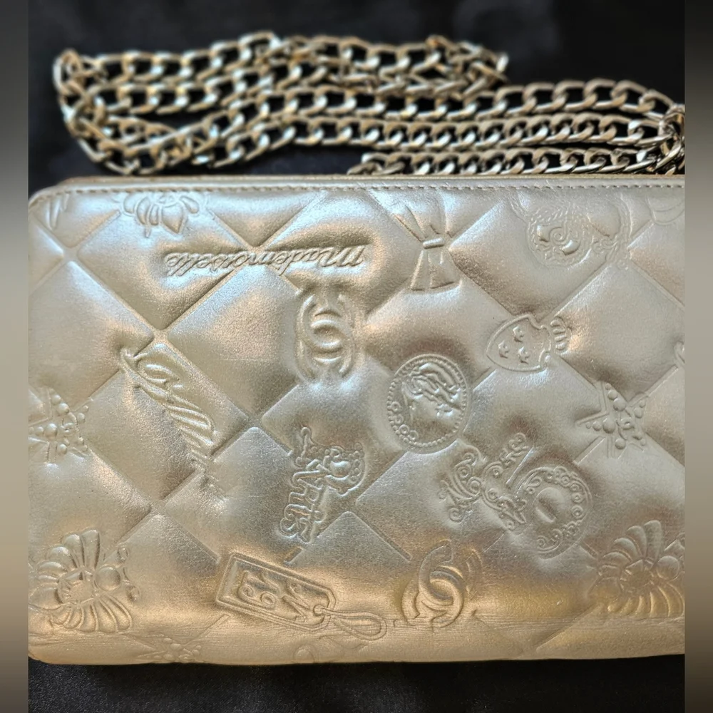 Chanel Silver Bifold Embossed Wallet with Silver Chain